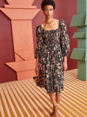 Ulla Johnson Silk Blend Floral Midi Dress Puff Sleeve Size 0 - Retail $465